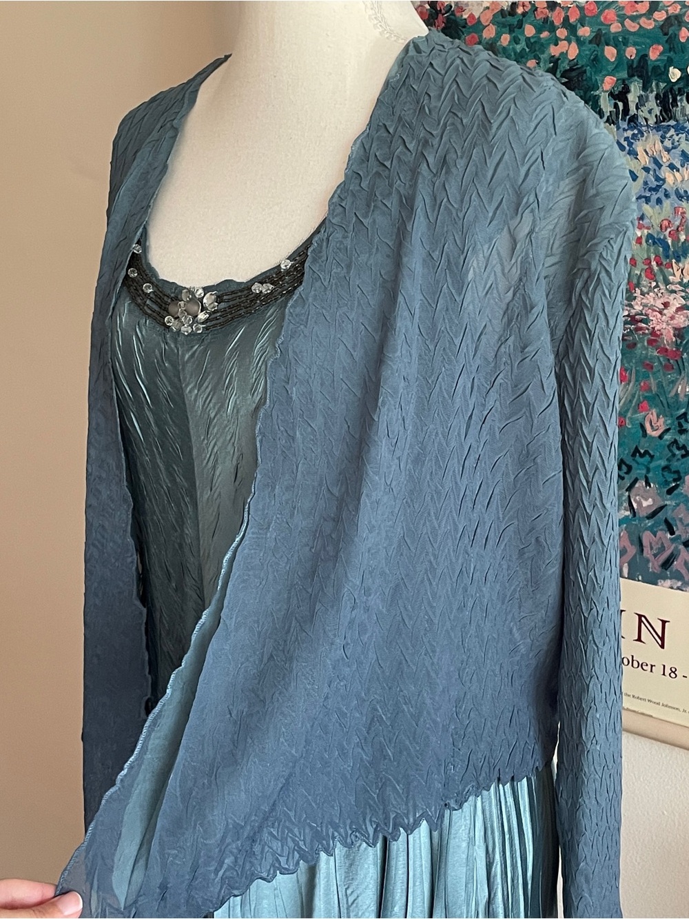 Komarov Teal Blue Pleated Maxi Dress Cardigan Set Mermaid Fairy Wedding Guest - Picture 9 of 16